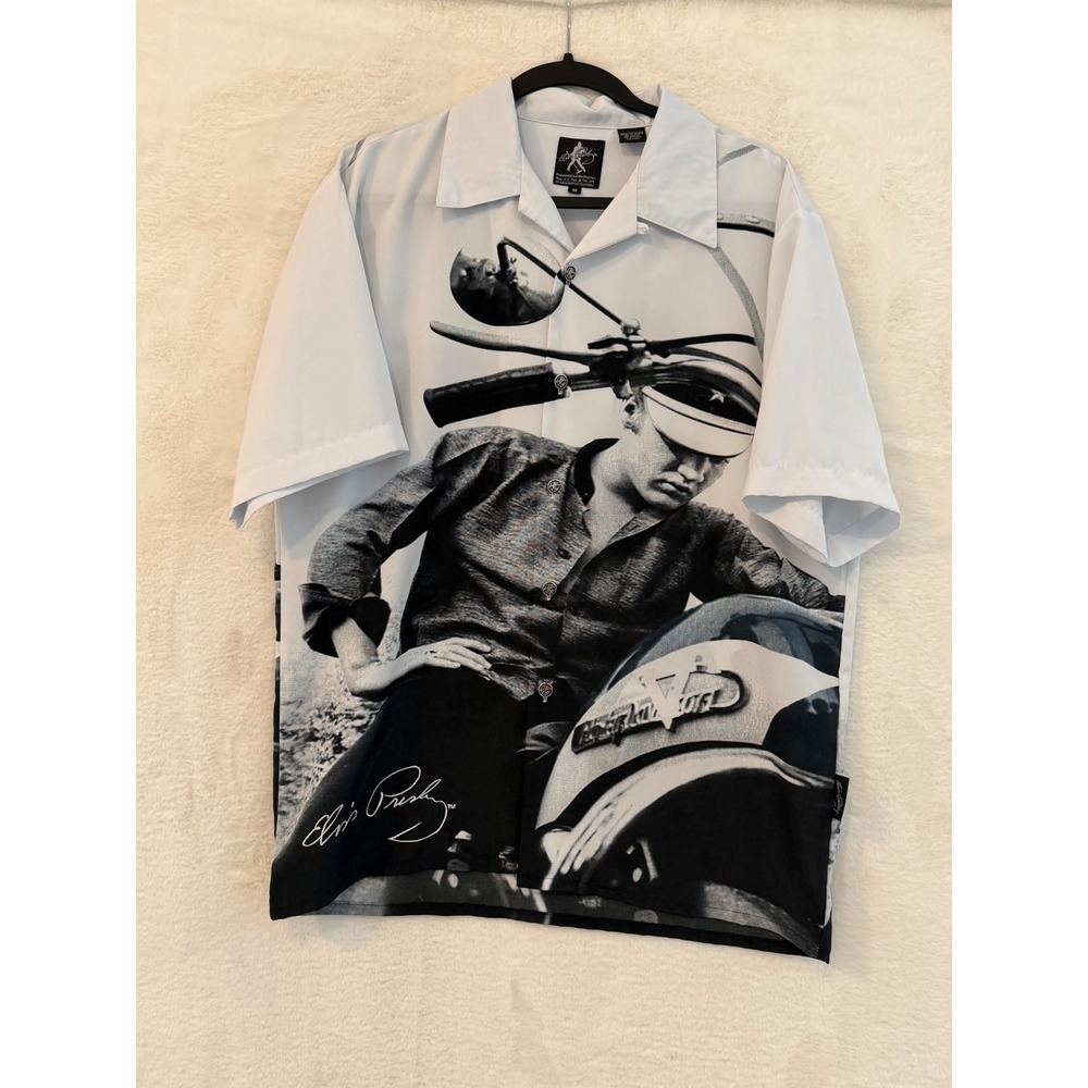 Dragonfly Elvis Presley Motorcycle Graphic Shirt Mens Medium White Button Up